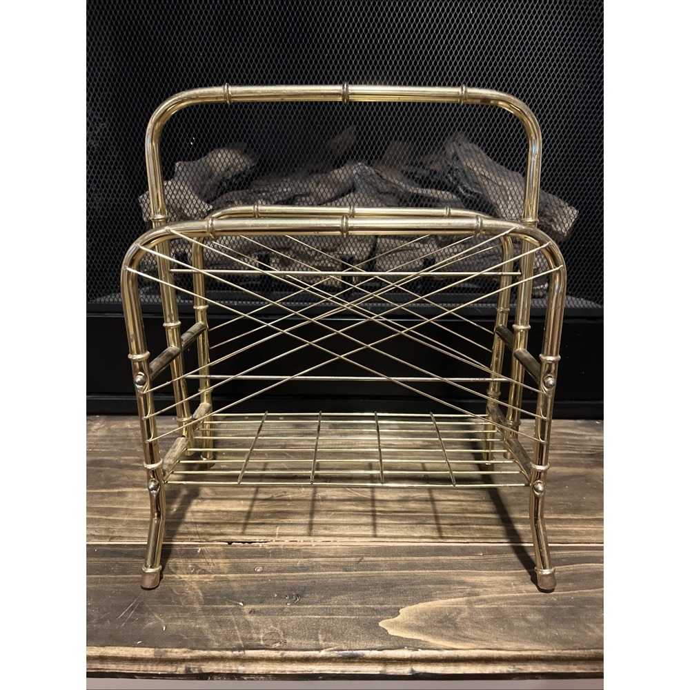 VTG Mid Century Modern Hollywood Regency Metal Bamboo Gold Tone Magazine Rack